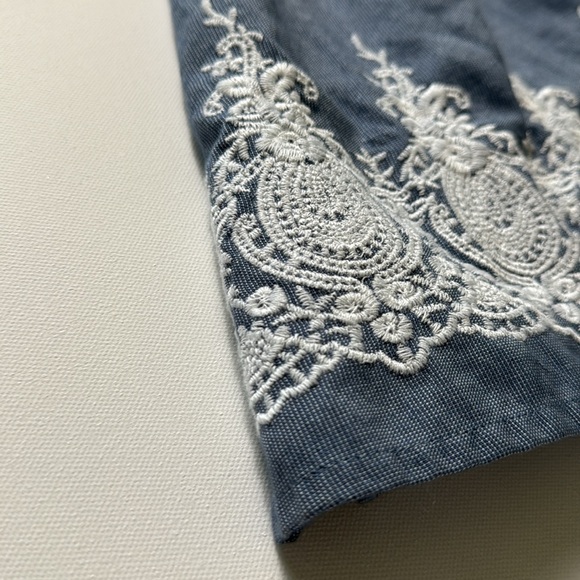 J. Gee Blue  Off Shoulder Dress with White Embroidery Petite Large - Picture 9 of 9